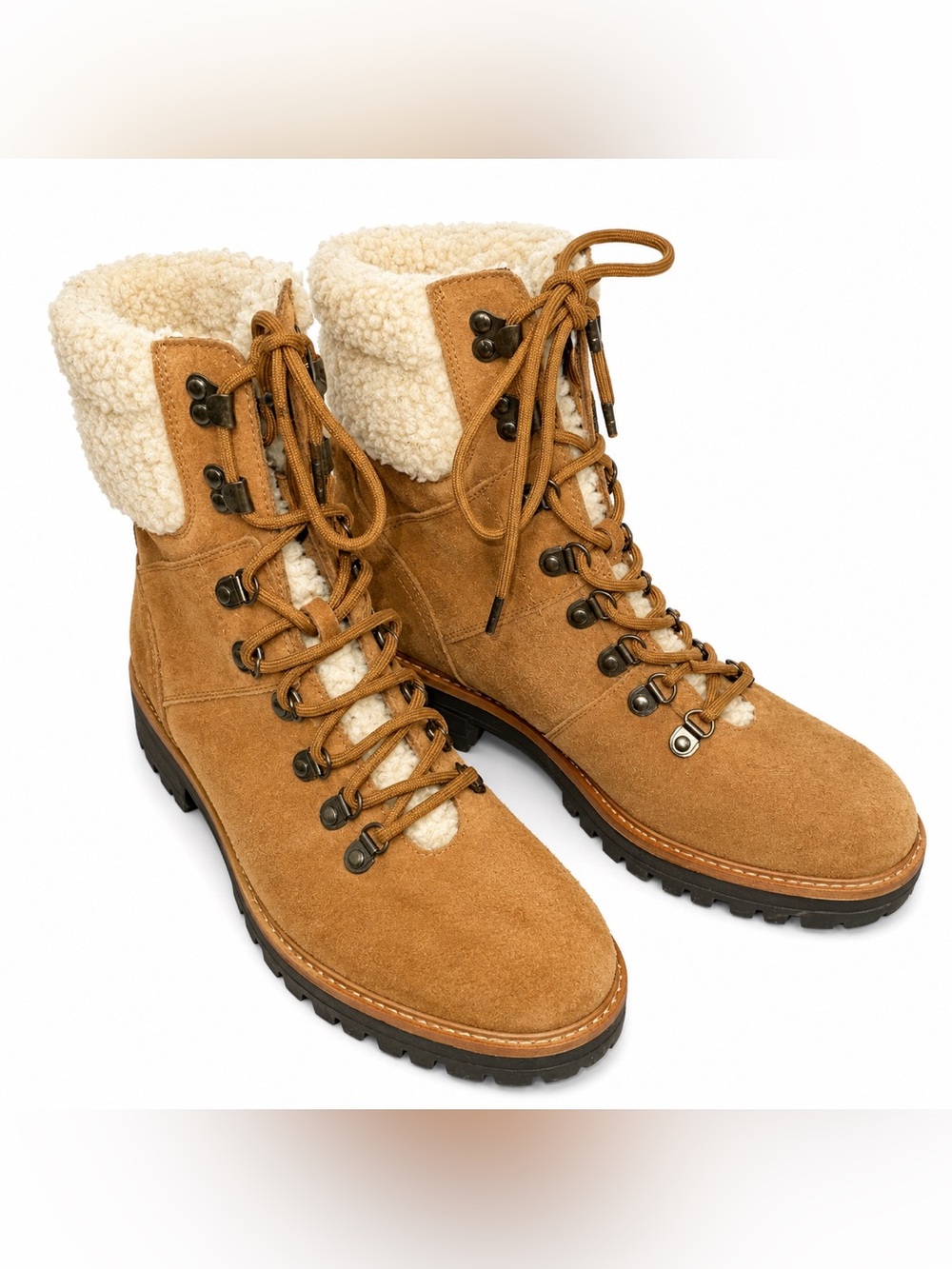 Marc Fisher Tan Suede Lace Up Boots | Cozy Lined Lug Sole | Size 9